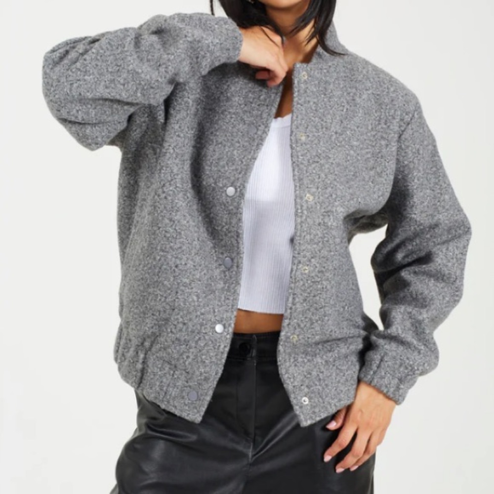 Soft Grey Boucle wool Bomber Jacket Oversized